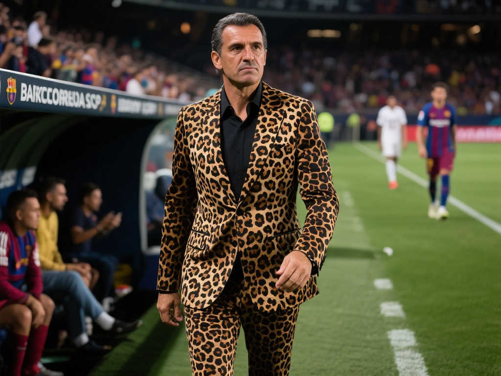 球场时尚风！解放者杯赛场，巴塞罗那SC主帅豹纹西装惊艳亮相
